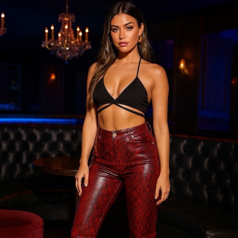 BLANK NYC Womens 27 Red Vegan Leather Snakeskin Slim Pants‎ Edgy Club